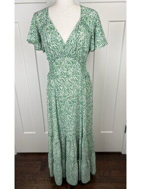 knee length dresses for ladies 1970s Green Lace Trim Maxi Dress, Sz. S